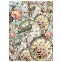 PAPEL DE ARROZ CADENCE RELOJES, PÁJAROS Y FLORES 30x41 CM