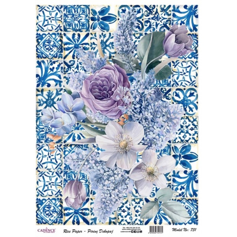 PAPEL DE ARROZ CADENCE AZULEJOS AZUL Y FLORES 30x41 CM