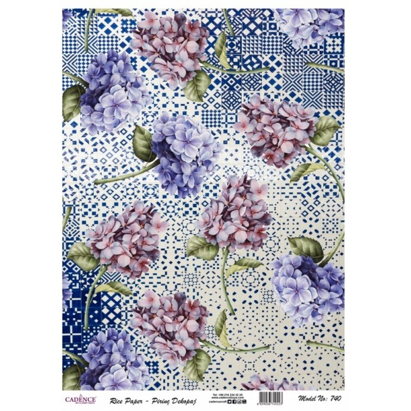 PAPEL DE ARROZ CADENCE HORTENSIAS AZULEJOS 30x41 CM