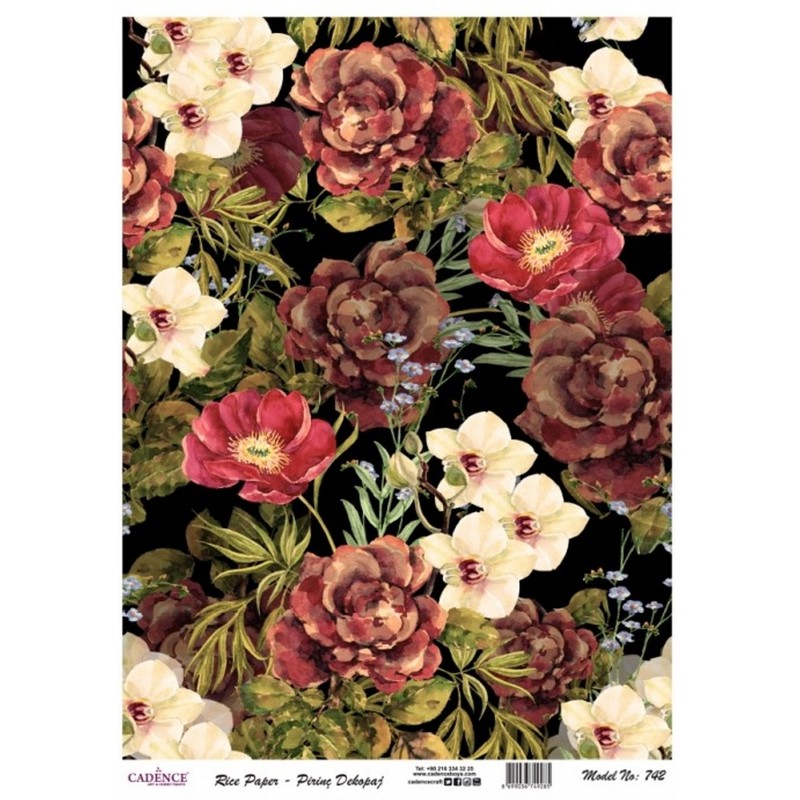 PAPEL DE ARROZ CADENCE FLORES FONDO OSCURO 30x41 CM